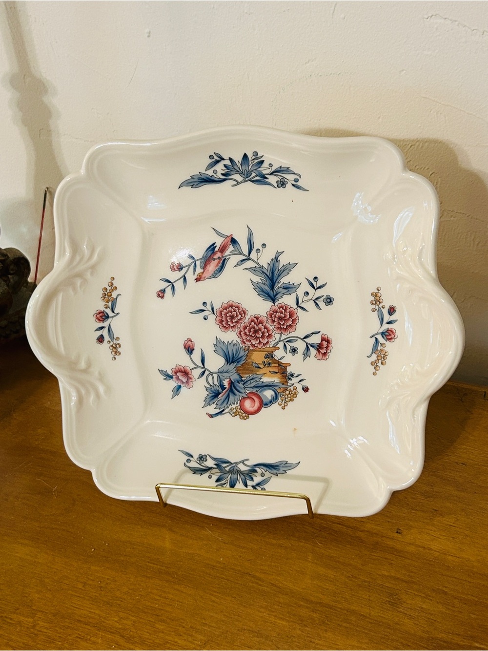 Vintage Wedgwood Williamsburg Cream Serving dish with Blue and Pink Floral Motif